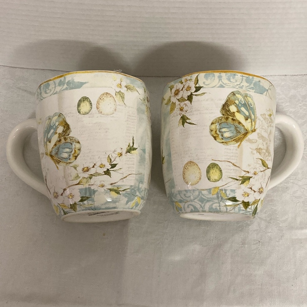 Pier 1 Imports Earthenware Field Notes Butterfly Garden Large Mugs Cup Set of 2